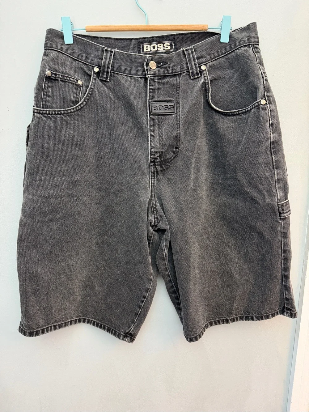 Boss Charcoal Washed Denim Cargo Jean Shorts